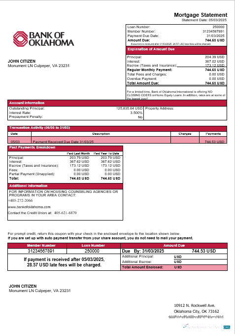 Download USA Bank of Oklahoma mortgage statement in Word and PDF formats Photoshop template